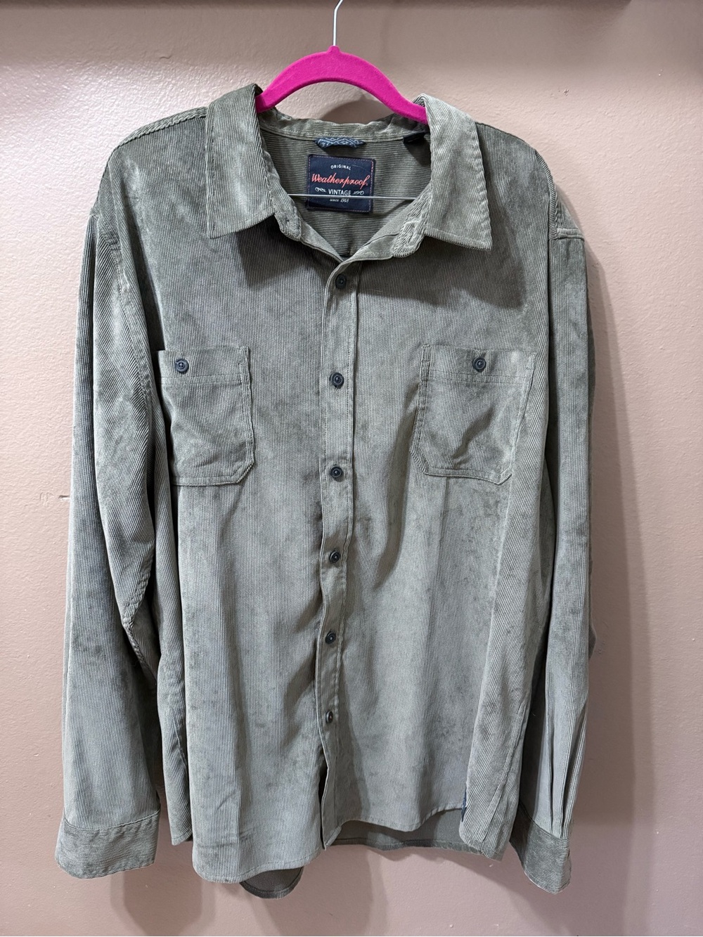 Original Weatherproof Vintage Men’s Corduroy Olive Green Button-down Shirt